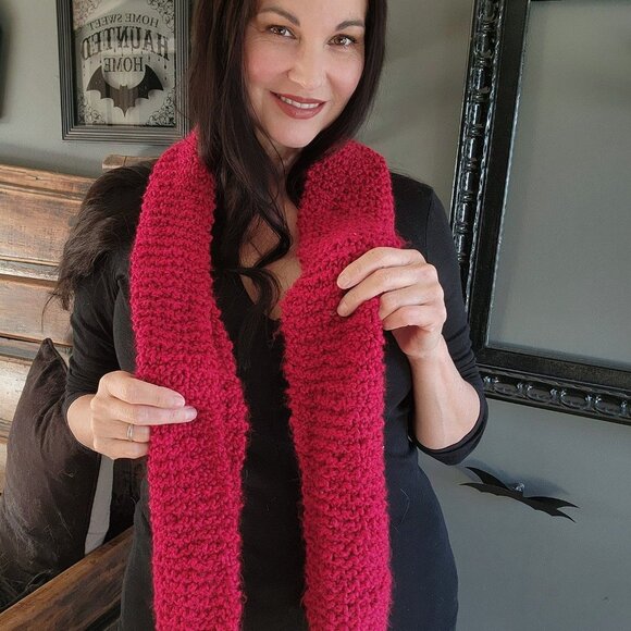 Knit Scarf, Chunky Red Boucle Yarn, "Crimson" OOAK One Of A Kind Cozy Goth Style - Picture 8 of 10
